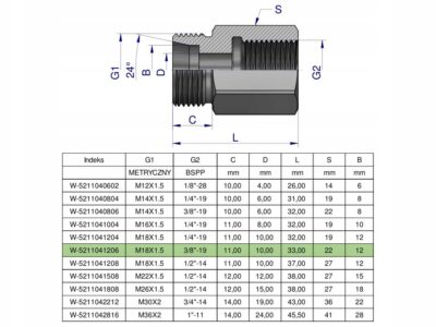 Tulejka różnicowa hydrauliczna AB M18x1.5 12L GZ x 3/8" BSP Waryński ( sprz