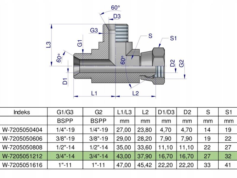Trójnik hydrauliczny niesymetryczny calowy BBA 3/4" BSP (XEVL) Waryński