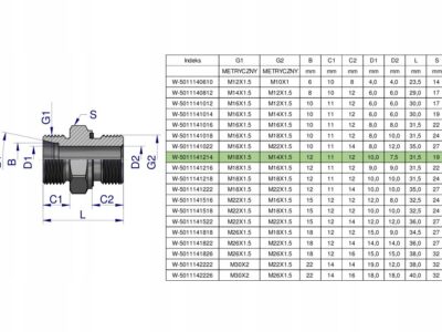 Przyłączka hydrauliczna metryczna BB (XGE) M18x1.5 12L x M14x1.5 ED Waryńsk