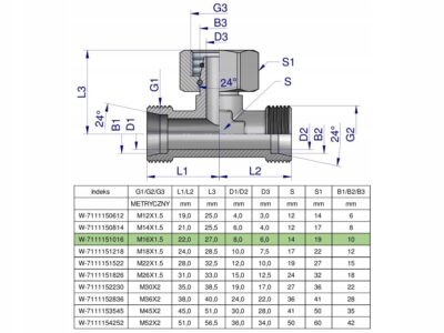 Trójnik hydrauliczny symetryczny metryczny BAB M16x1.5 10L (XEVT) Waryński