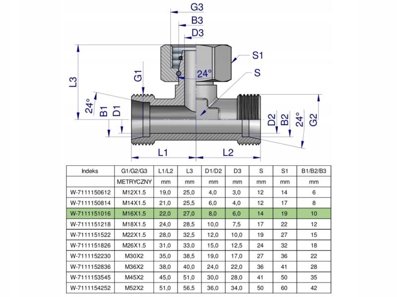 Trójnik hydrauliczny symetryczny metryczny BAB M16x1.5 10L (XEVT) Waryński