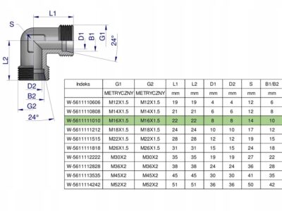 Kolanko hydrauliczne metryczne BB M16x1.5 10L (XW) Waryński ( sprzedawane p