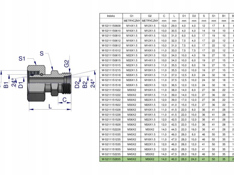 Złączka hydrauliczna metryczna AB (XKOR) A-M45x2 35L / B-M36x2 22L Waryński