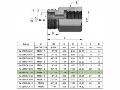 Tulejka różnicowa hydrauliczna AB M18x1.5 12L GZ x 1/2" BSP Waryński ( sprz