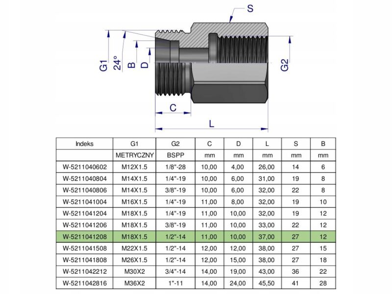 Tulejka różnicowa hydrauliczna AB M18x1.5 12L GZ x 1/2" BSP Waryński ( sprz