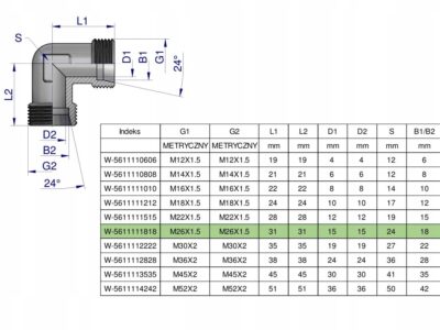 Kolanko hydrauliczne metryczne BB M26x1.5 18L (XW) Waryński