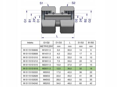 Złączka hydrauliczna metryczna AA M26x1.5 18L Waryński