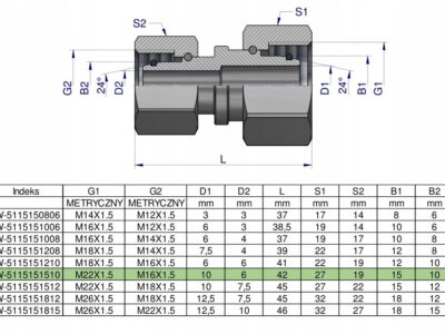 Złączka hydrauliczna metryczna AA M22x1.5 15L x M16x1.5 10L Waryński ( sprz