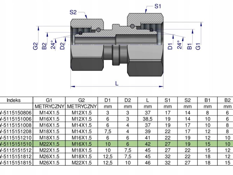 Złączka hydrauliczna metryczna AA M22x1.5 15L x M16x1.5 10L Waryński ( sprz