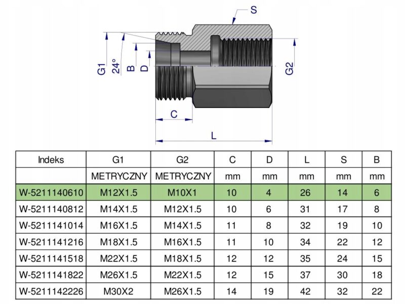 Tulejka różnicowa hydrauliczna metryczna AB M12x1.5 06L GZ x M10x1 GW Waryń