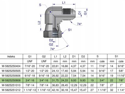 Kolanko hydrauliczne calowe AB 3/4" UNF (JIC) Waryński