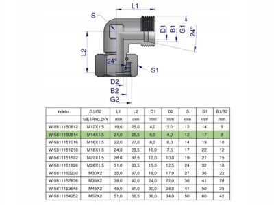 Kolanko hydrauliczne metryczne AB M14x1.5 08L (XEVW) Waryński ( sprzedawane