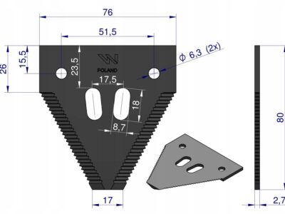 Nóż żniwny 80x76x2.7mm otwór 6.5 zastosowanie 1096606 420100046 Schumacher