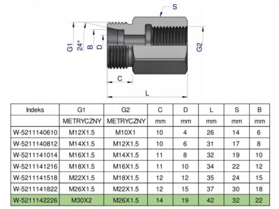 Tulejka różnicowa hydrauliczna metryczna AB 30x2 22L GZ x M26x1.5 GW Waryńs