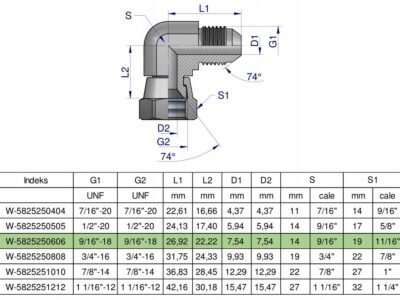 Kolanko hydrauliczne calowe AB 9/16" UNF (JIC) Waryński