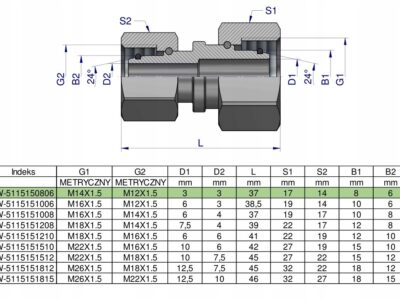 Złączka hydrauliczna metryczna AA M14x1.5 08L x M12x1.5 06L Waryński ( sprz