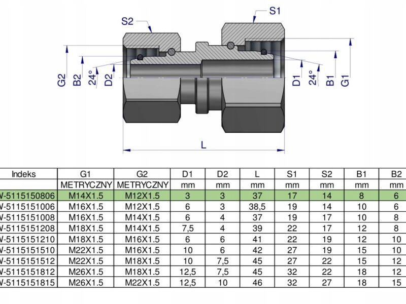 Złączka hydrauliczna metryczna AA M14x1.5 08L x M12x1.5 06L Waryński ( sprz