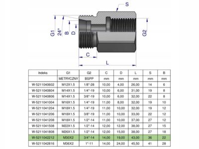 Tulejka różnicowa hydrauliczna AB M30x2 22L GZ x 3/4" BSP GW Waryński