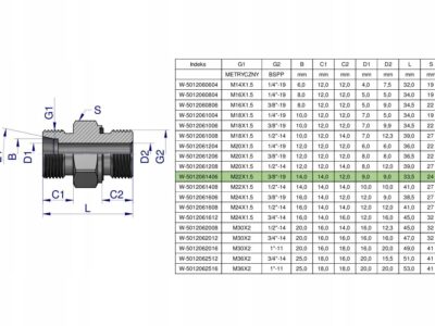 Przyłączka hydrauliczna (odmiana ciężka XGE) BB M22x1.5 14S x 3/8" BSP ED W