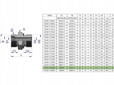 Przyłączka hydrauliczna metryczna BB (XGE) M30x2 22L x M22x1.5 ED Waryński