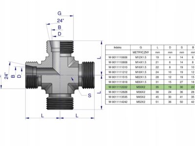 Czwórnik hydrauliczny metryczny BBBB M30x2 22L Waryński