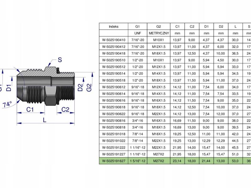 Przyłączka hydrauliczna BB 1 5/16"UNF (JIC) x M27x2 (XGE) Waryński ( sprzed