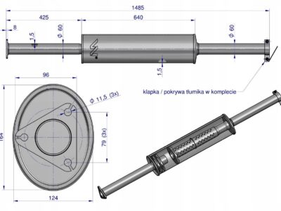 Tłumik prosty długi 1485mm 8kg C-385 ( prosty ) INOX WARYŃSKI