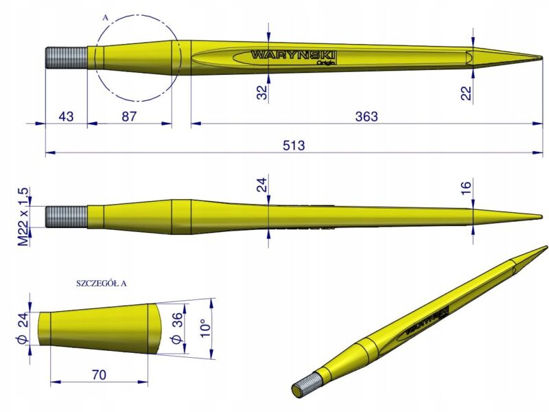 Ząb ładowacza uniwersalny prosty L- 510 mm Tur WARYŃSKI