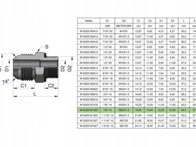 Przyłączka hydrauliczna BB 7/8"UNF (JIC) x M22x1.5 (XGE) Waryński ( sprzeda