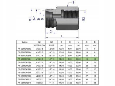 Tulejka różnicowa hydrauliczna AB M16x1.5 10L GZ x 1/4" BSP GW Waryński ( s