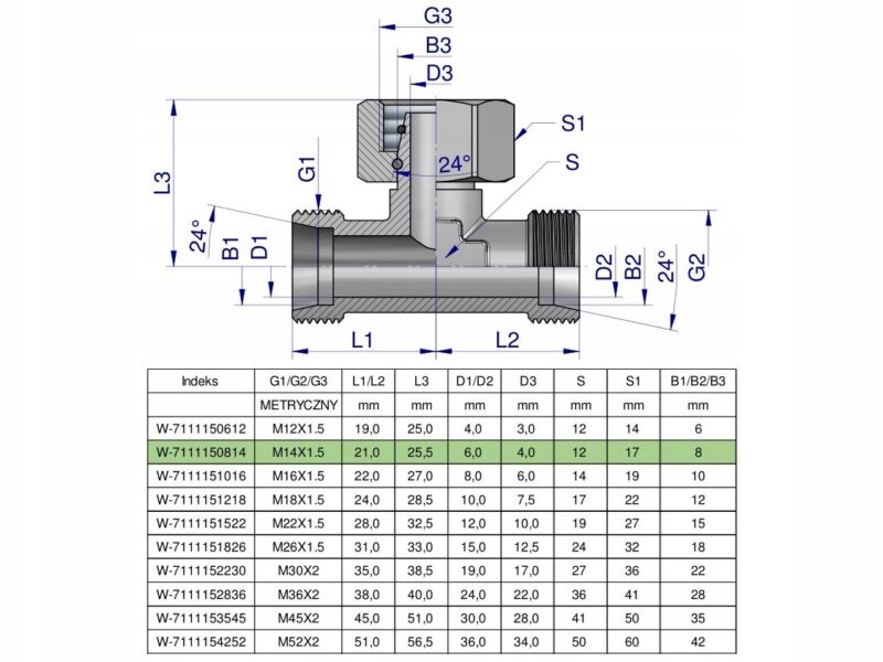 Trójnik hydrauliczny symetryczny metryczny BAB M14x1.5 08L (XEVT) Waryński