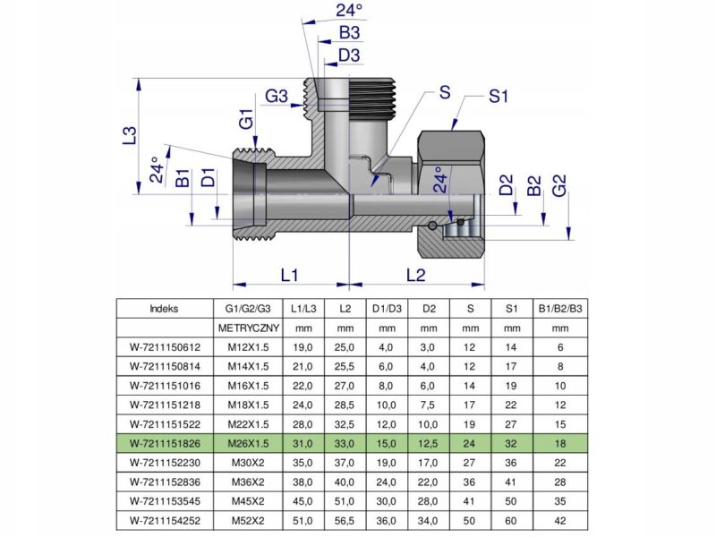 Trójnik hydrauliczny niesymetryczny metryczny BBA M26x1.5 18L (XEVL) Waryńs