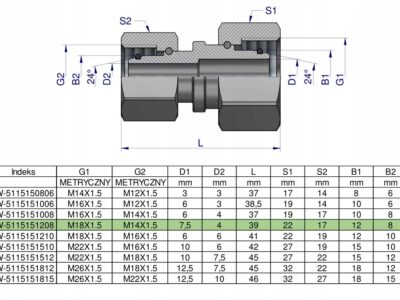 Złączka hydrauliczna metryczna AA M18x1.5 12L x M14x1.5 08L Waryński ( sprz