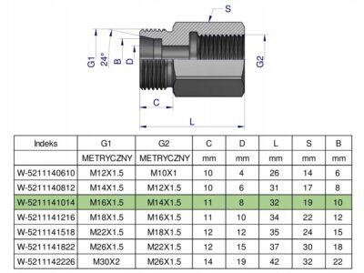 Tulejka różnicowa hydrauliczna metryczna AB M16x1.5 10L GZ x M14x1.5 GW War