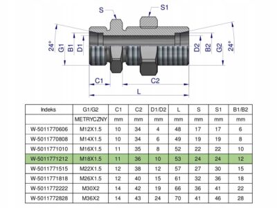 Złączka hydrauliczna metryczna grodziowa BB M18x1.5 12L z przeciwnakrętką (