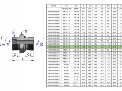 Przyłączka hydrauliczna BB (XGE) M18x1.5 12L x 1/2" BSP ED Waryński ( sprze