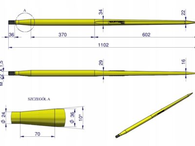 Ząb ładowacza uniwersalny prosty L- 1100 mm zastosowanie 5193-RT1 Tur WARYŃSKI