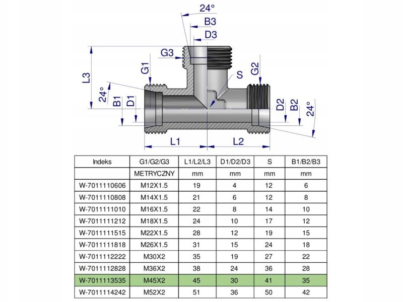 Trójnik hydrauliczny metryczny BBB M45x2 35L (XT) Waryński