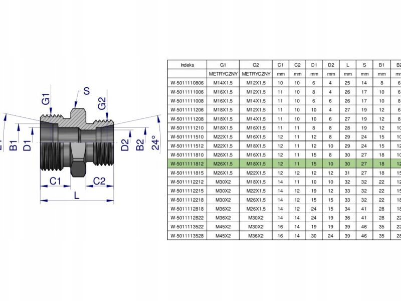 Złączka hydrauliczna redukcyjna metryczna BB M26x1.5 18L / M18x1.5 12L (XG)