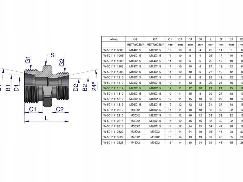 Złączka hydrauliczna redukcyjna metryczna BB 22/18 M22x1.5 15L / M18x1.5 1