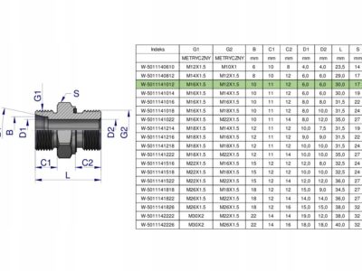 Przyłączka hydrauliczna metryczna BB (XGE) M16x1.5 10L x M12x1.5 ED Waryńsk