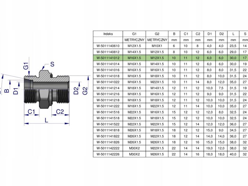 Przyłączka hydrauliczna metryczna BB (XGE) M16x1.5 10L x M12x1.5 ED Waryńsk