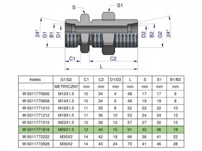Złączka hydrauliczna metryczna grodziowa BB M26x1.5 18L z przeciwnakrętką (