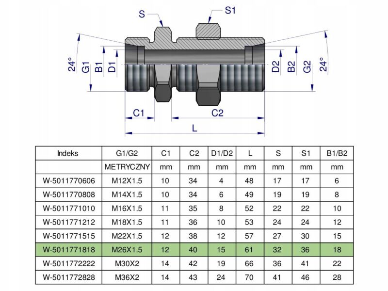 Złączka hydrauliczna metryczna grodziowa BB M26x1.5 18L z przeciwnakrętką (