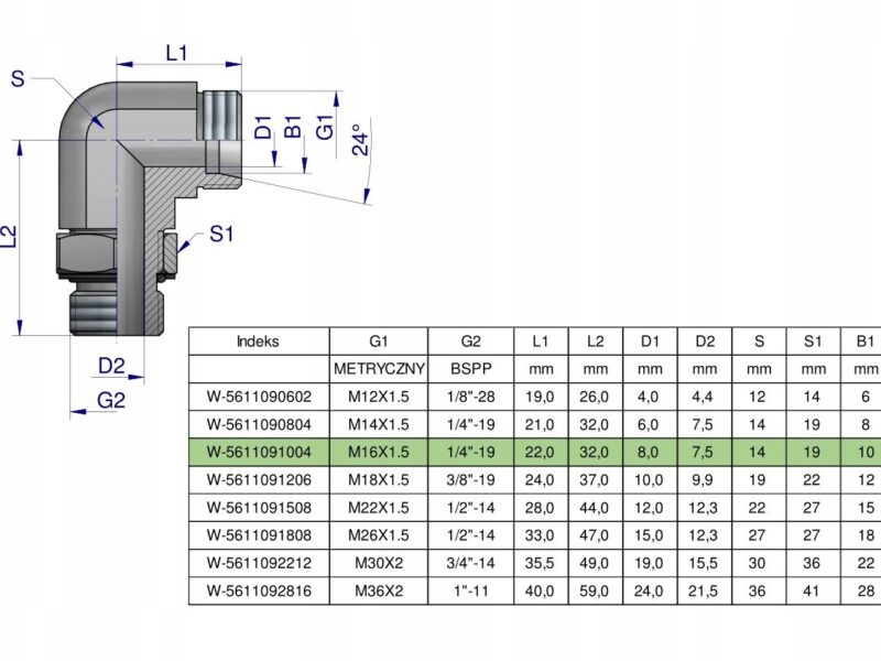 Kolanko hydrauliczne nastawne BB M16x1.5 10L x 1/4"BSP z regulacją Waryński