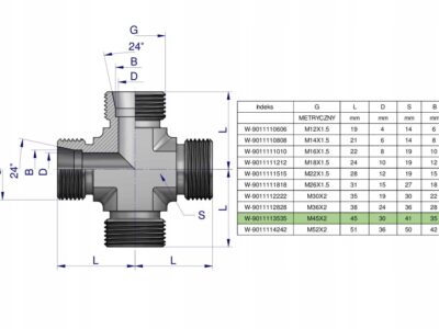 Czwórnik hydrauliczny metryczny BBBB M45x2 35L Waryński