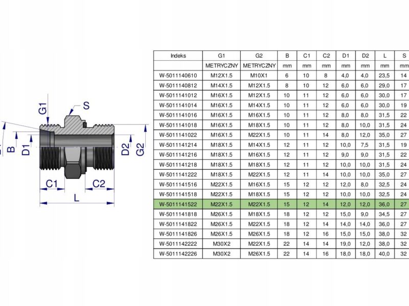 Przyłączka hydrauliczna metryczna BB (XGE) M22x1.5 15L x M22x1.5 ED Waryńsk