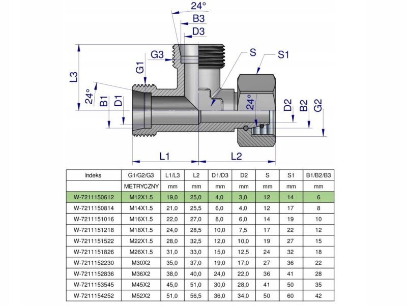 Trójnik hydrauliczny niesymetryczny metryczny BBA M12x1.5 06L (XEVL) Waryńs