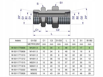 Złączka hydrauliczna metryczna grodziowa BB M12x1.5 06L z przeciwnakrętką (