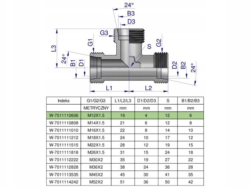 Trójnik hydrauliczny metryczny BBB M12x1.5 06L (XT) Waryński ( sprzedawane